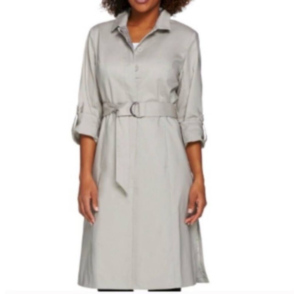 NWOT H by Halston Grey Trench Coat Button Tie Size 22W